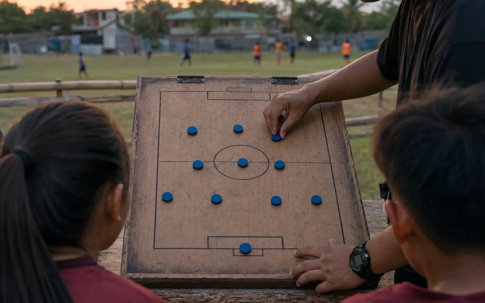 Papan taktik kayu dengan magnet membentuk susunan 4-3-3 di tepi lapangan komunitas