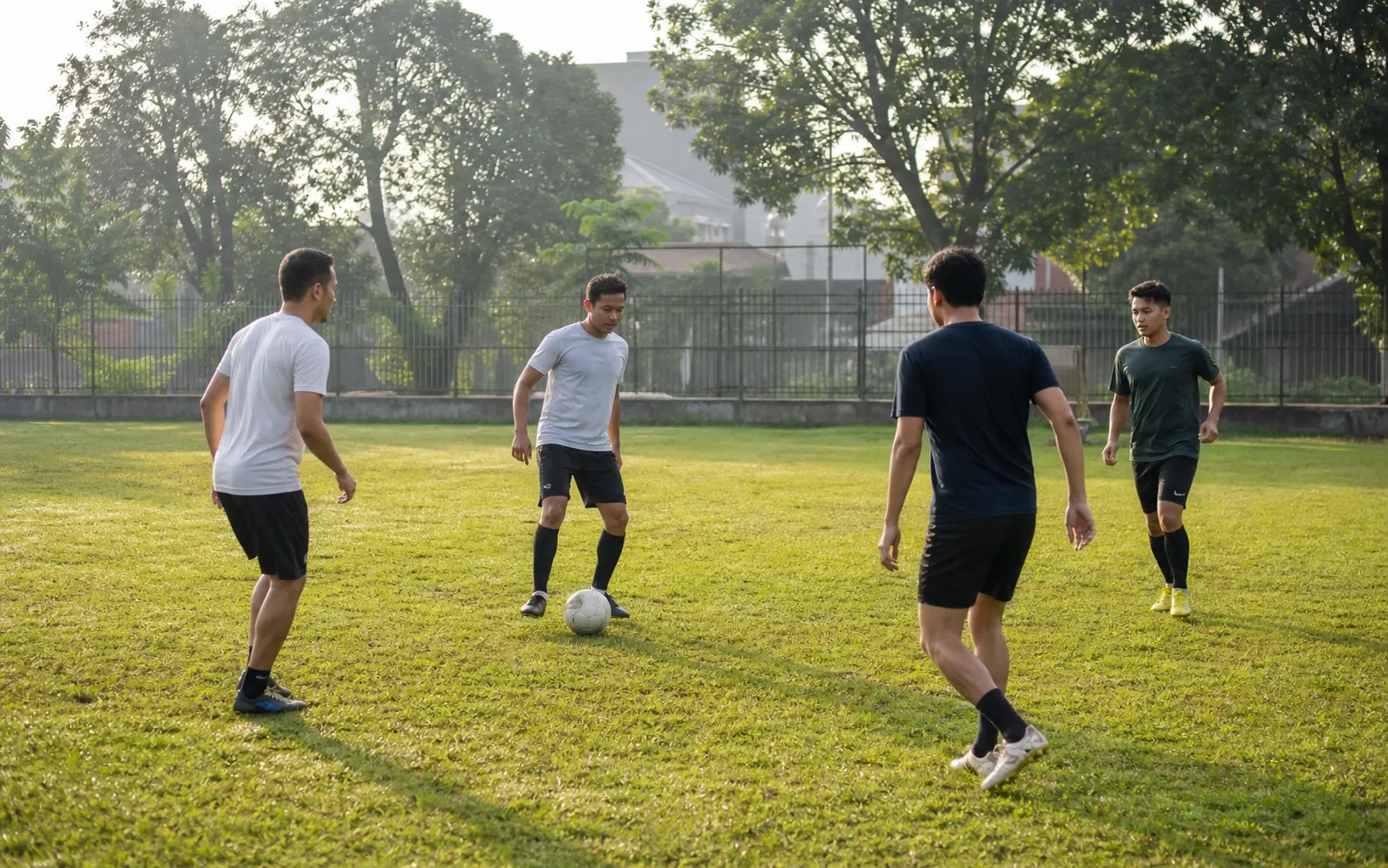 Pemain amatir menjalankan latihan umpan pendek berbentuk segitiga di lapangan lingkungan