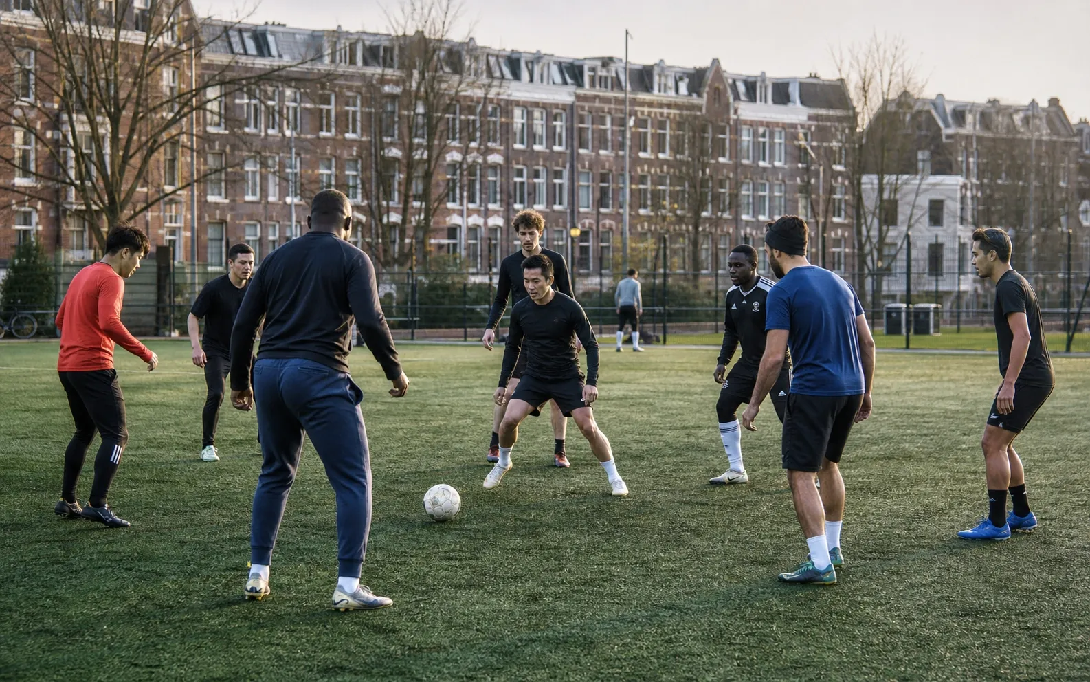 Kelompok pemain komunitas bertukar posisi dalam latihan rondo di lapangan terbuka