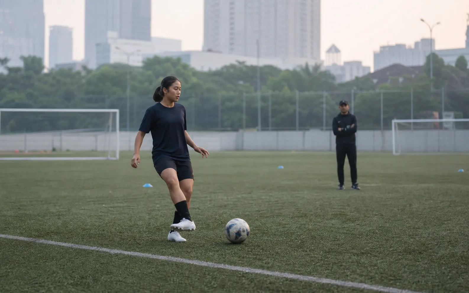 Bek tengah perempuan menerima operan di tepi kotak penalti saat latihan pagi
