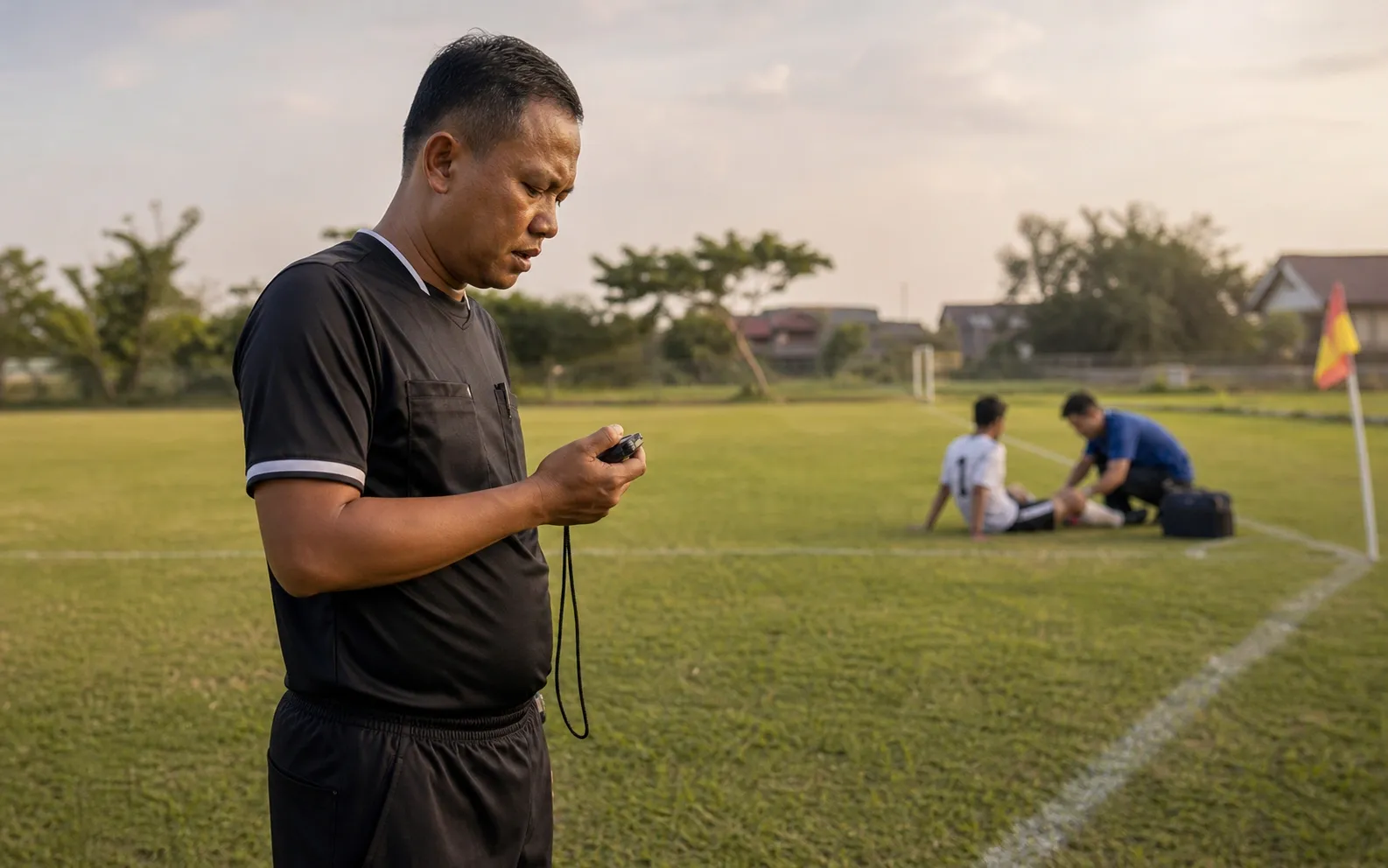 Ofisial memeriksa stopwatch saat jeda pertandingan di lapangan komunitas