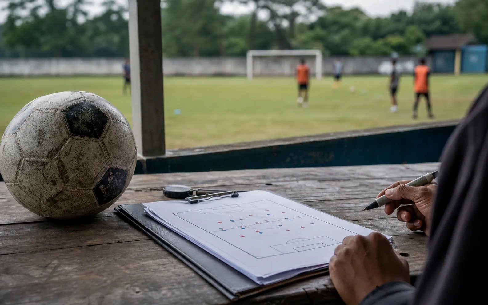 Bola dan catatan pola peluang tanpa tulisan di meja kerja analis